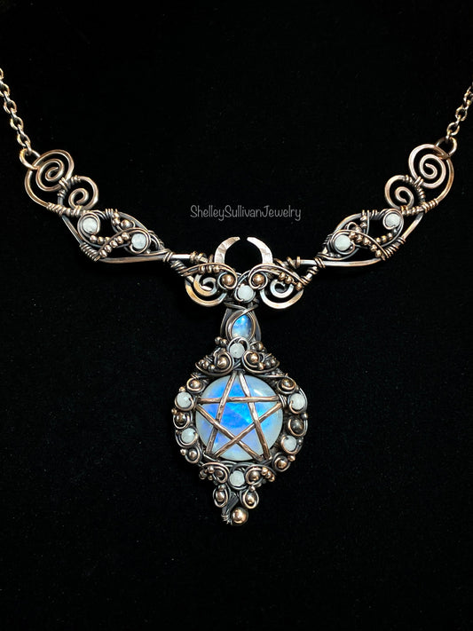 Rainbow Moonstone Pentacle Collar in Copper