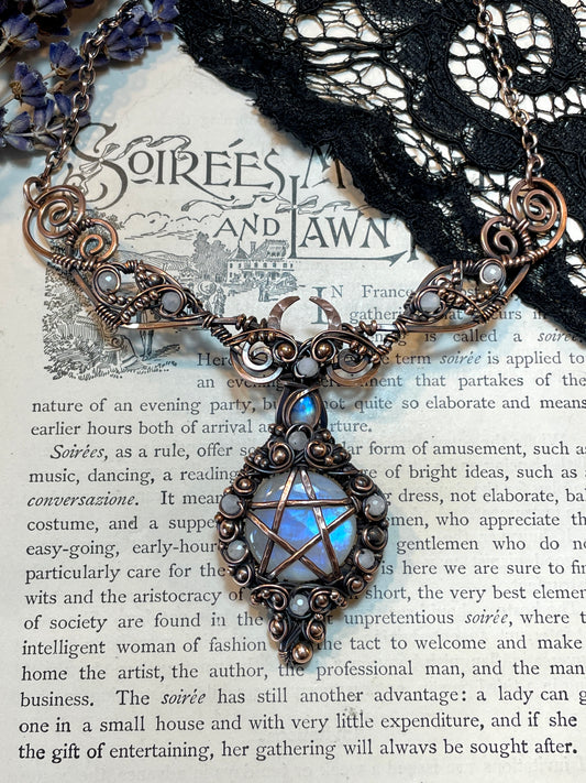 Rainbow Moonstone Pentacle Collar in Copper
