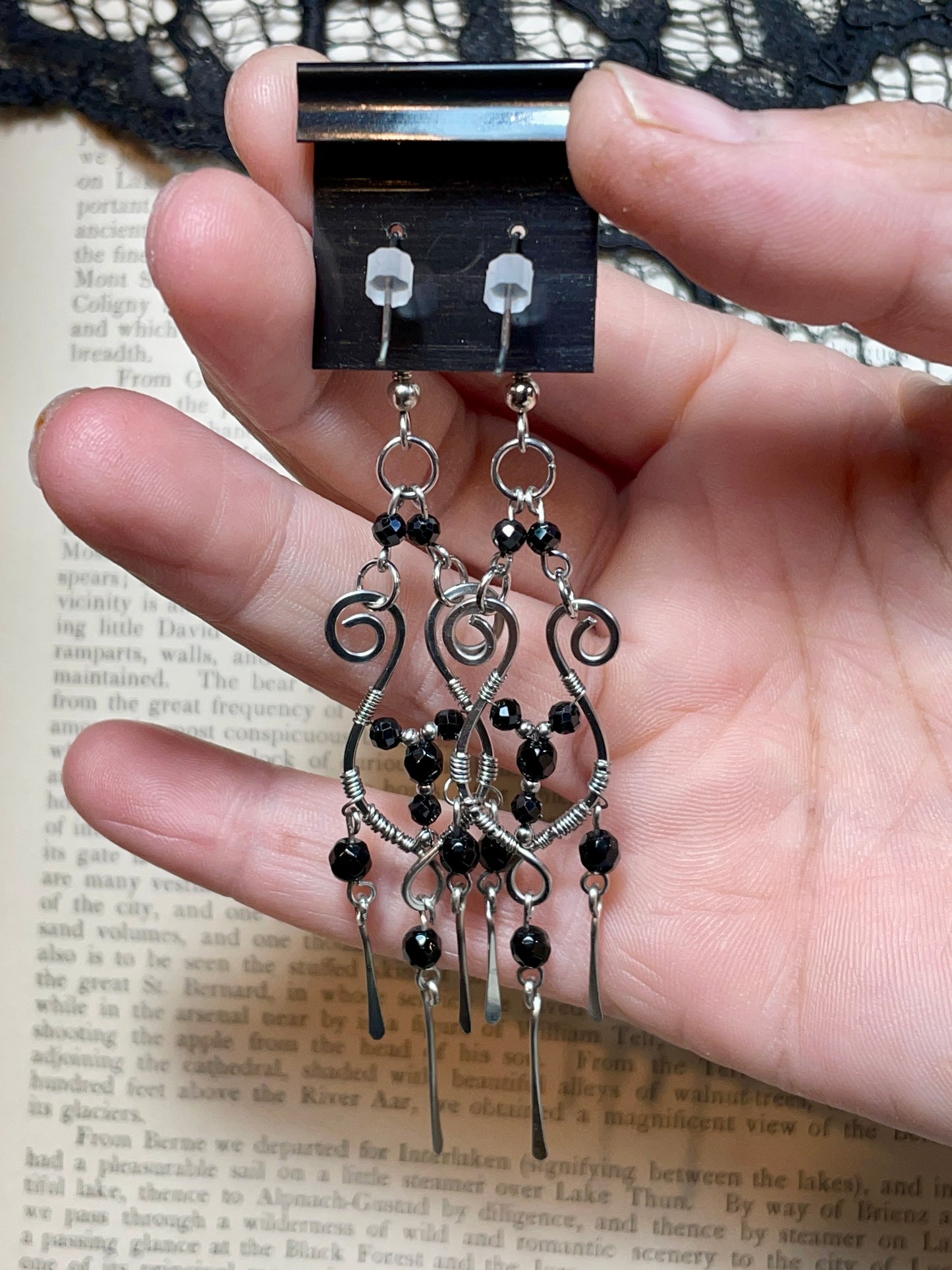 Onyx and Spinel Earrings in Stainless Steel
