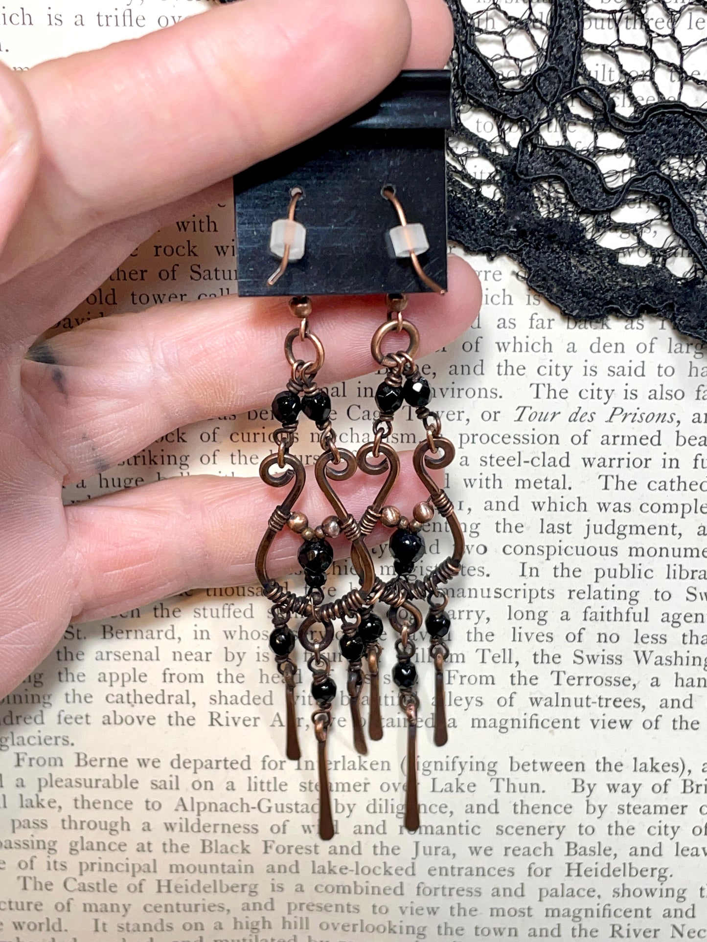 Onyx and Spinel Earrings in Copper