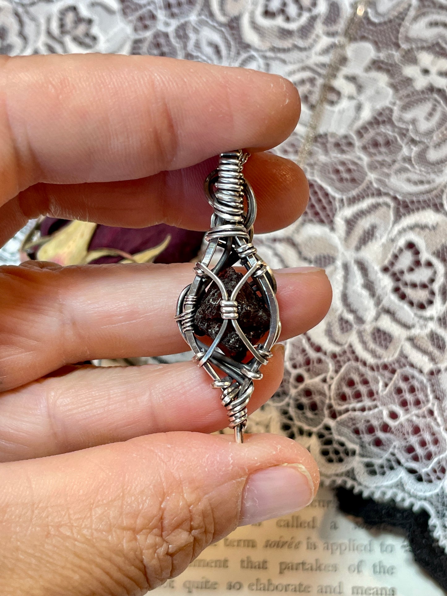 Garnet (Natural Raw Etched Spessartine Garnet) Pendant in Sterling Silver #1