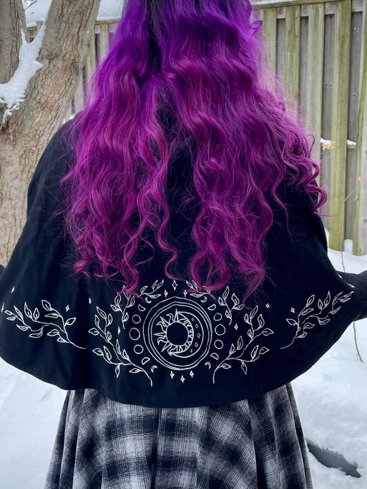 Celestial Black Wool Capelet in Silver