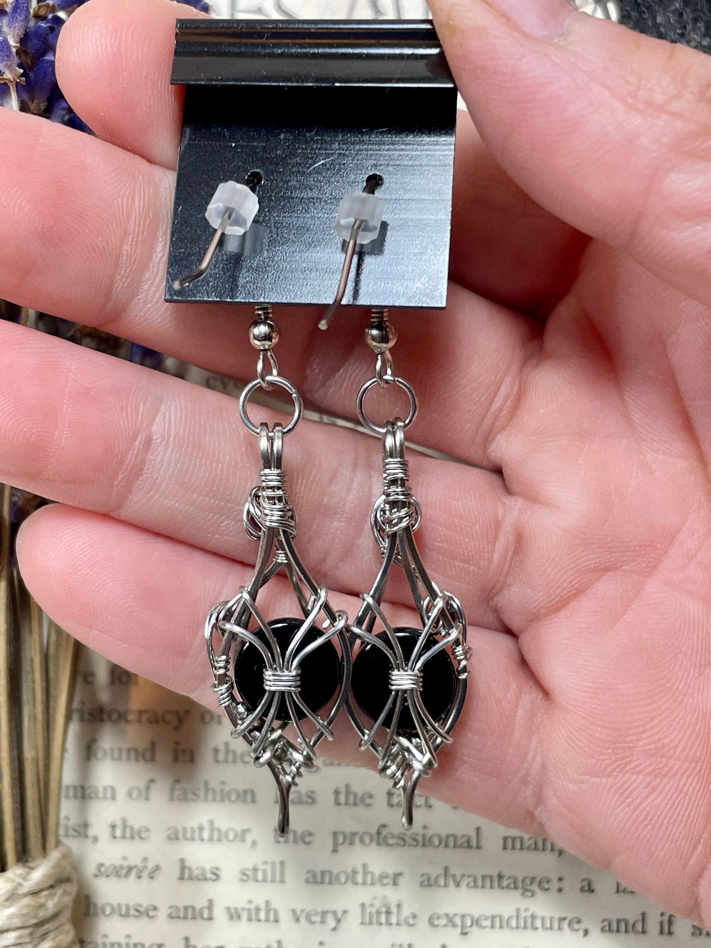 Onyx and Garnet Earrings in Stainless Steel