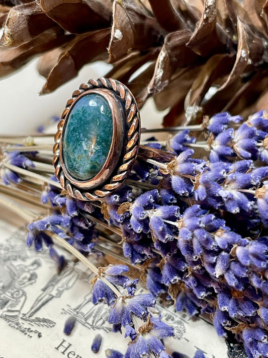 Moss Agate Copper Ring Size 7.5