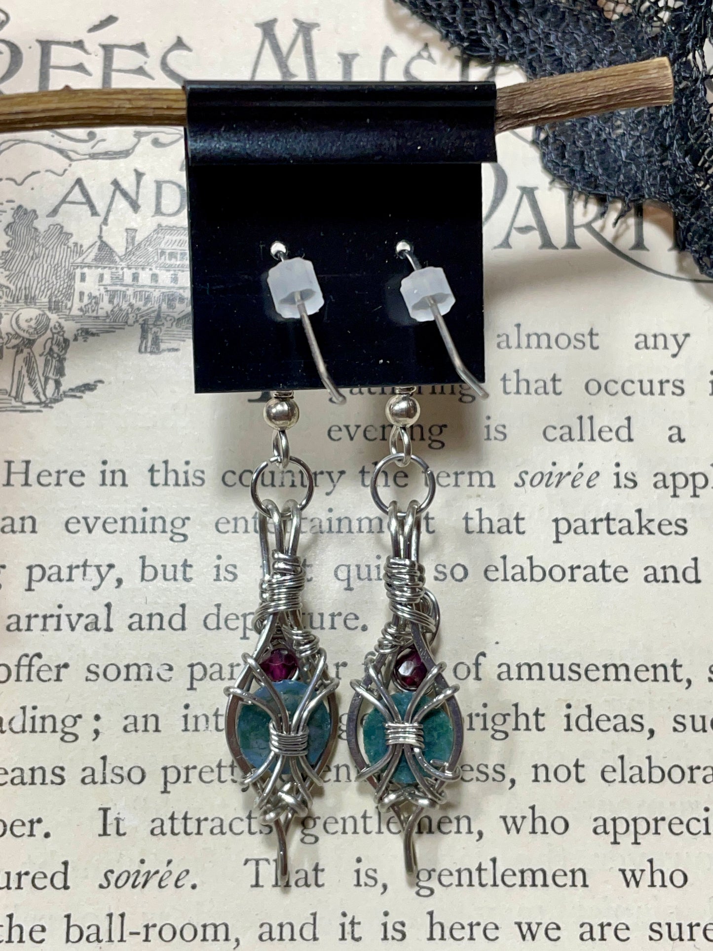 Moss Agate and Garnet Earrings in Stainless Steel