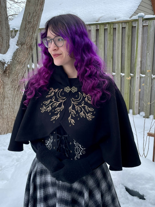 Celestial Black Wool Capelet in Gold (Flawed)