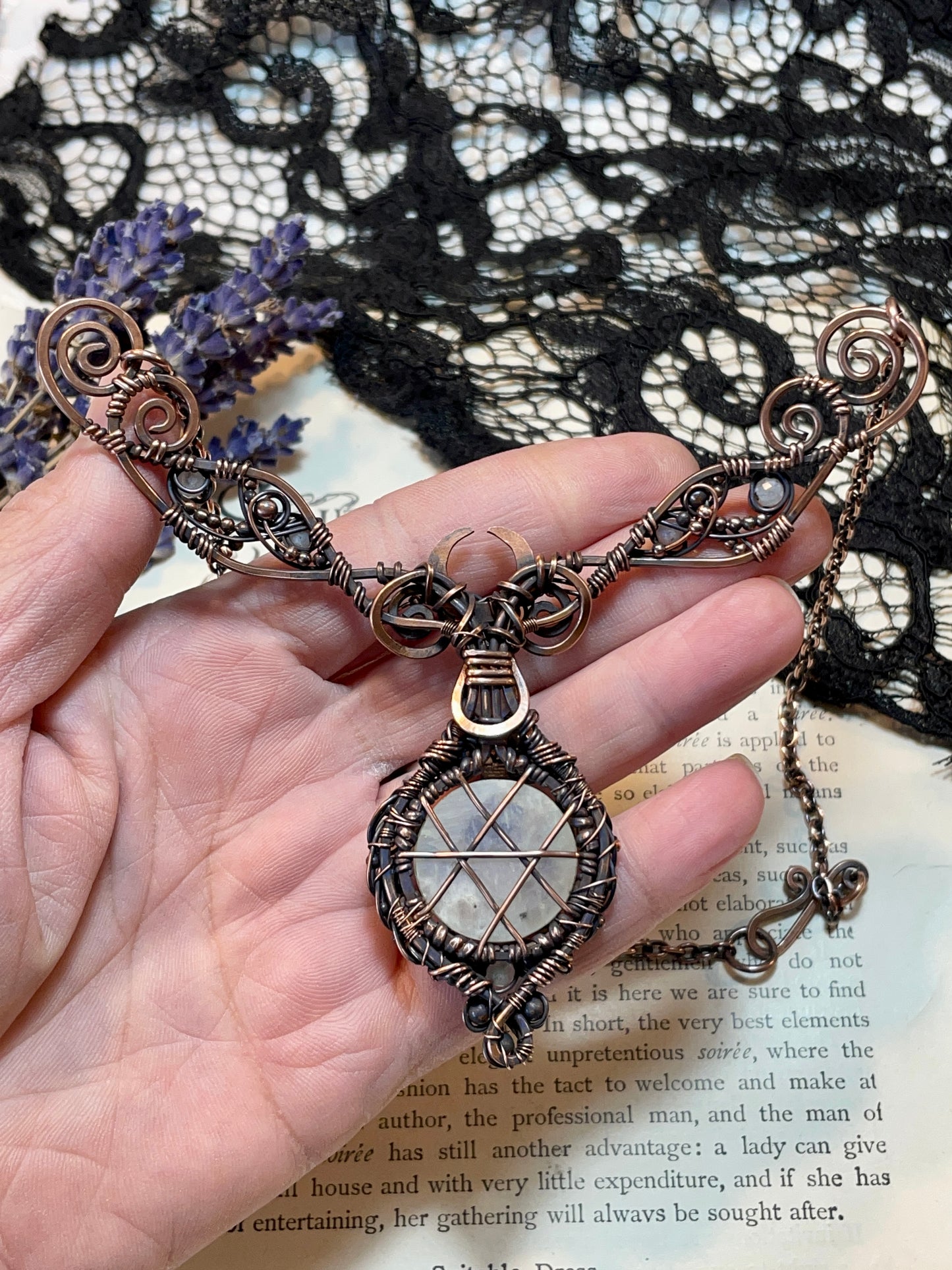 Rainbow Moonstone Pentacle Collar in Copper