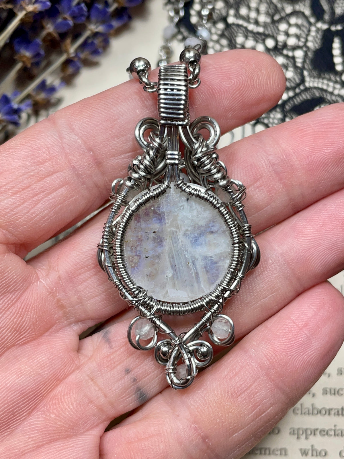 Moonstone (Rainbow Moonstone) Tree of Life Pendant in Stainless Steel
