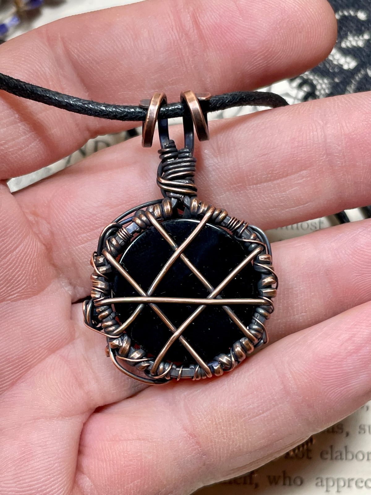 Onyx and Spinel Pentacle Pendant in Antiqued Copper