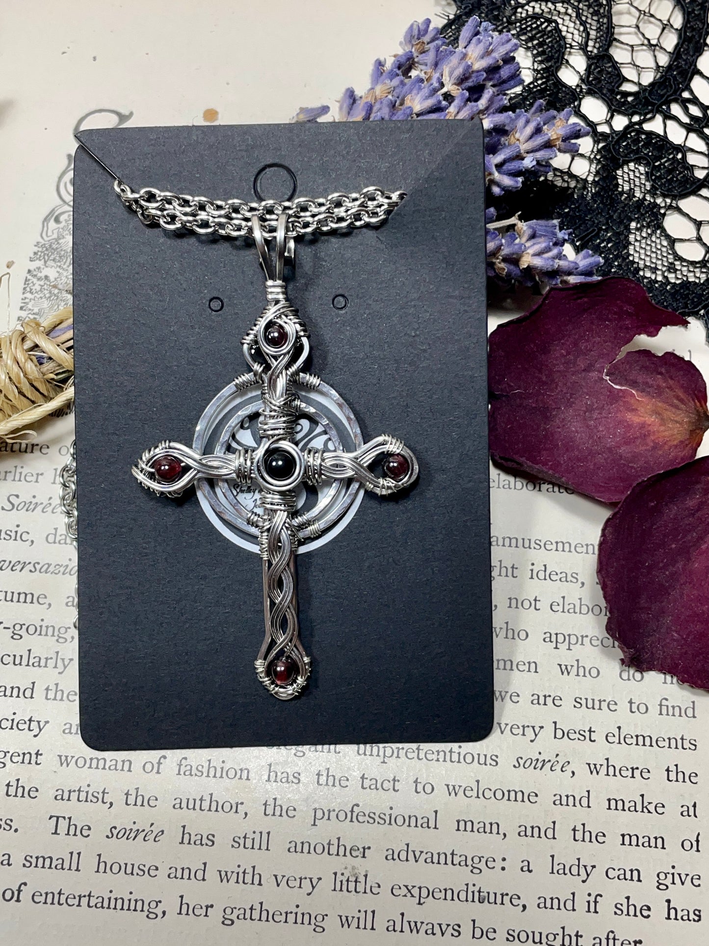 Onyx and Garnet Celtic Cross Pendant in Stainless Steel