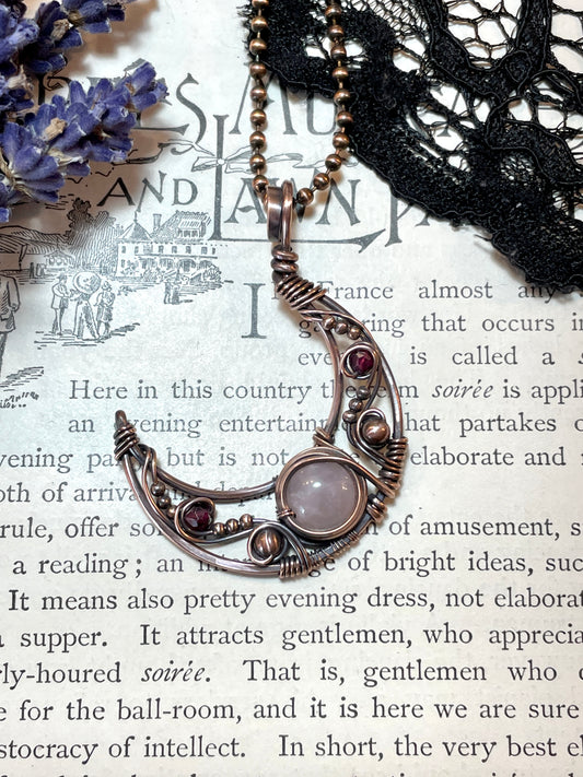 Rose Quartz & Garnet Crescent Moon Pendant in Copper
