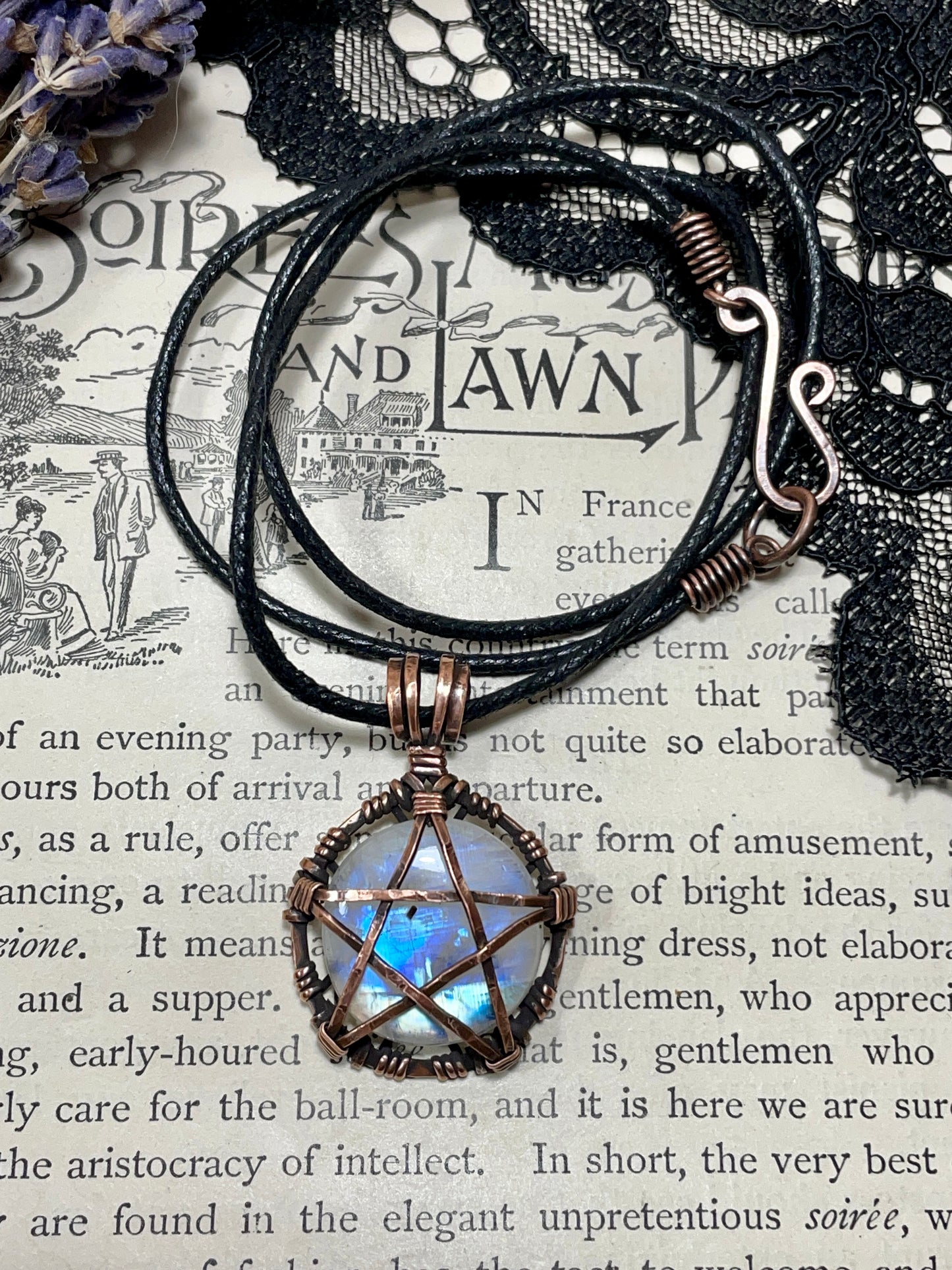 Moonstone (Rainbow Moonstone) Pentacle Pendant in Antiqued Copper