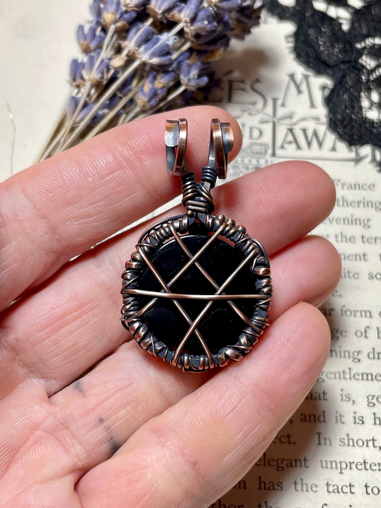 Onyx and Spinel Pentacle Pendant in Copper