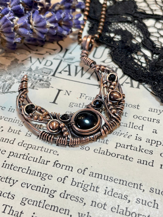 Onyx & Spinel Crescent Moon Pendant in Copper
