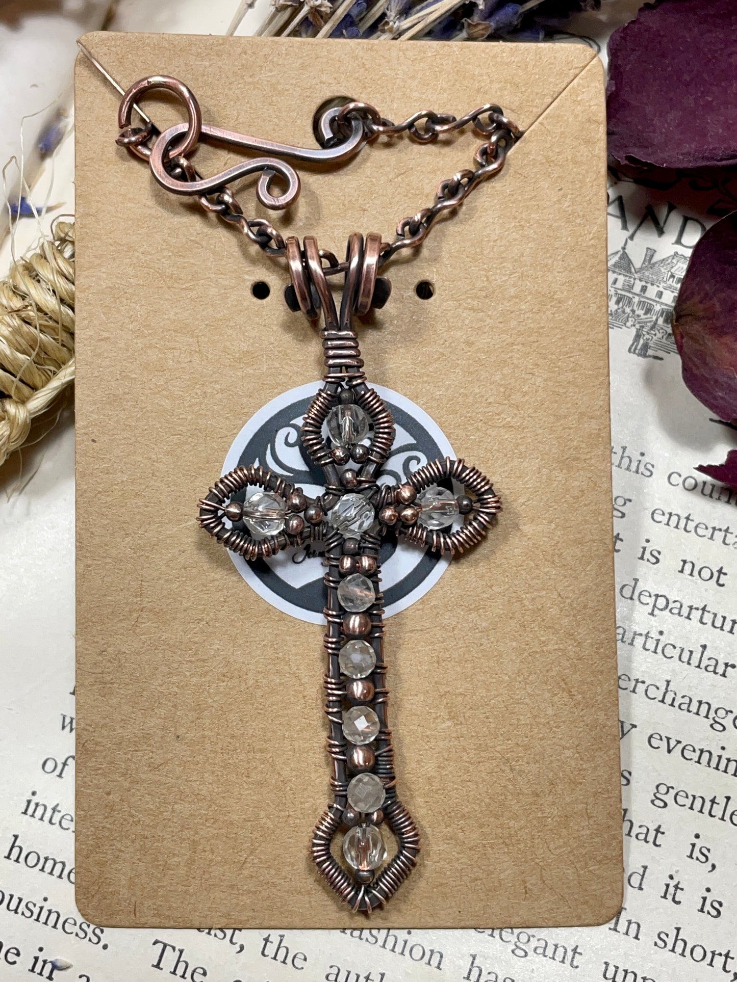 Quartz Gothic Cross Pendant in Antiqued Copper