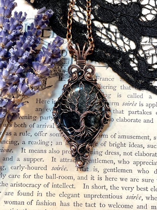 Obsidian (Silver Sheen Obsidian) Tree of Life Pendant in Copper