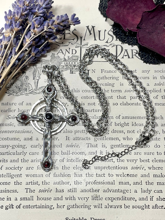 Onyx and Garnet Celtic Cross Pendant in Stainless Steel
