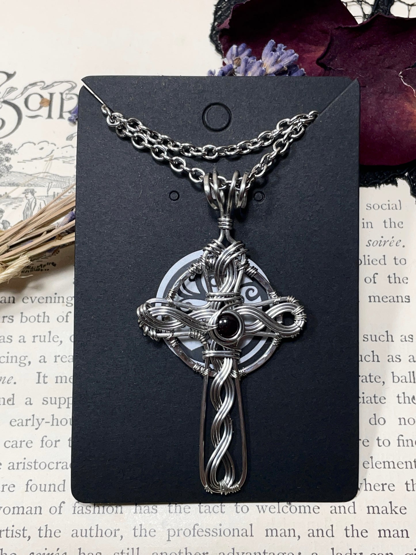 Garnet Celtic Cross Pendant in Stainless Steel