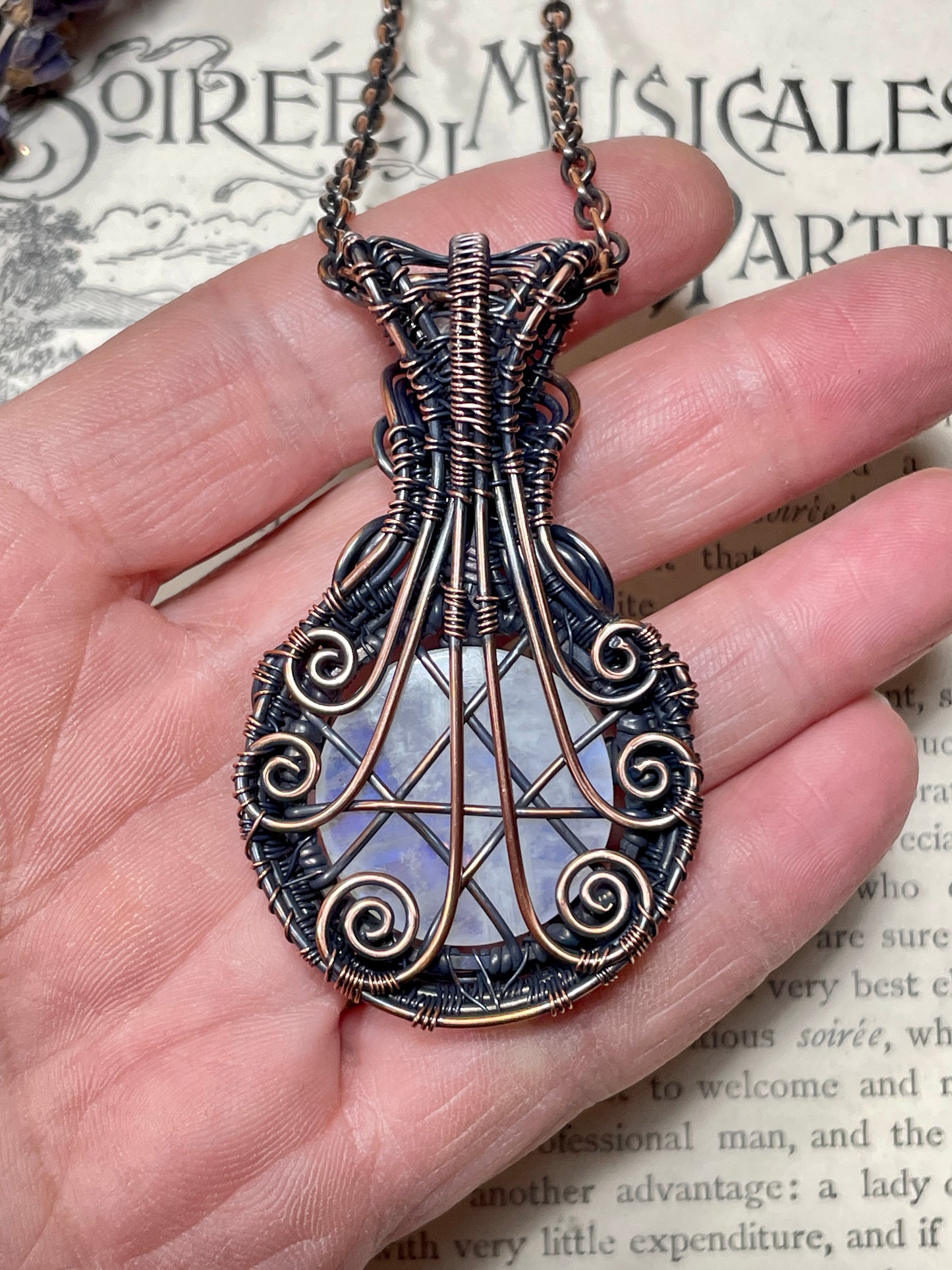 Moonstone (Rainbow Moonstone) Pentacle Pendant in Copper