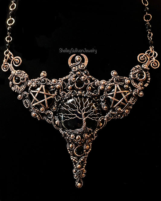 Onyx Tree of Life Pentacle Collar in Copper (Matching earrings included)