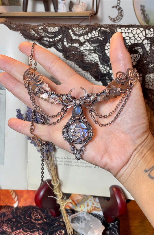 Moonstone (Rainbow Moonstone) Pentacle Collar in Copper