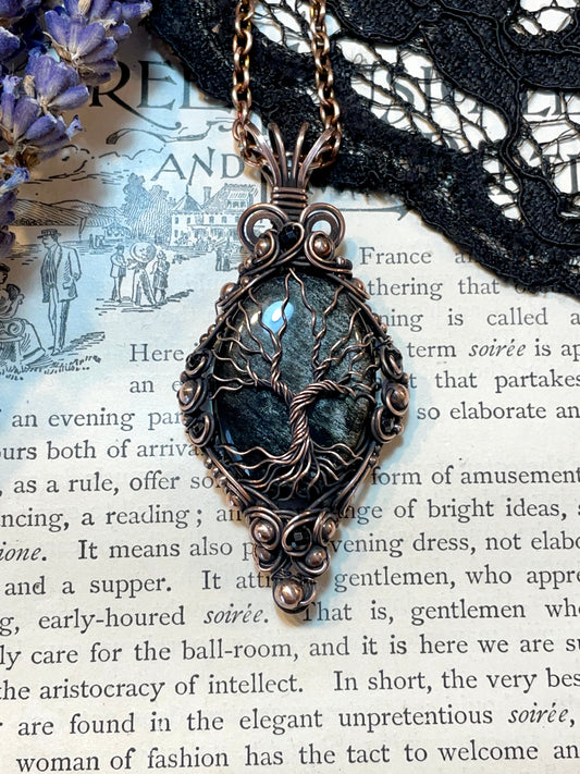 Obsidian (Silver Sheen Obsidian) Tree of Life Pendant in Copper