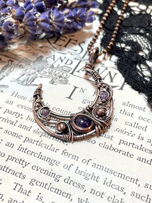 Amethyst Crescent Moon Pendant in Copper