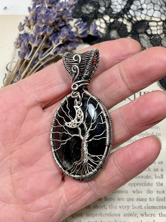 Obsidian (Silver Sheen Obsidian) Tree of Life Pendant in Sterling Silver