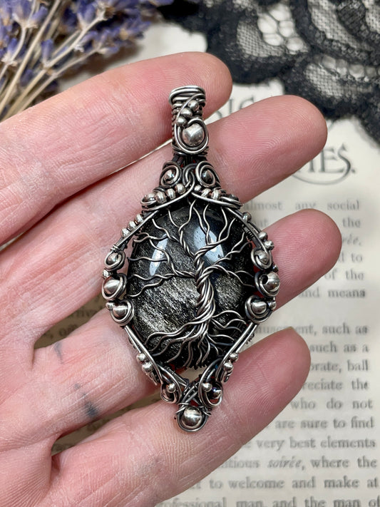 Obsidian (Silver Sheen Obsidian) Tree of Life Pendant in Sterling Silver