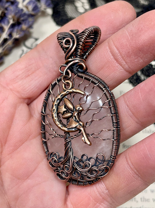 Rose Quartz Tree of Life Pendant in Copper
