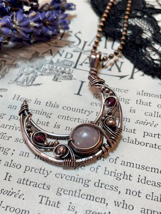Rose Quartz & Garnet Crescent Moon Pendant in Copper