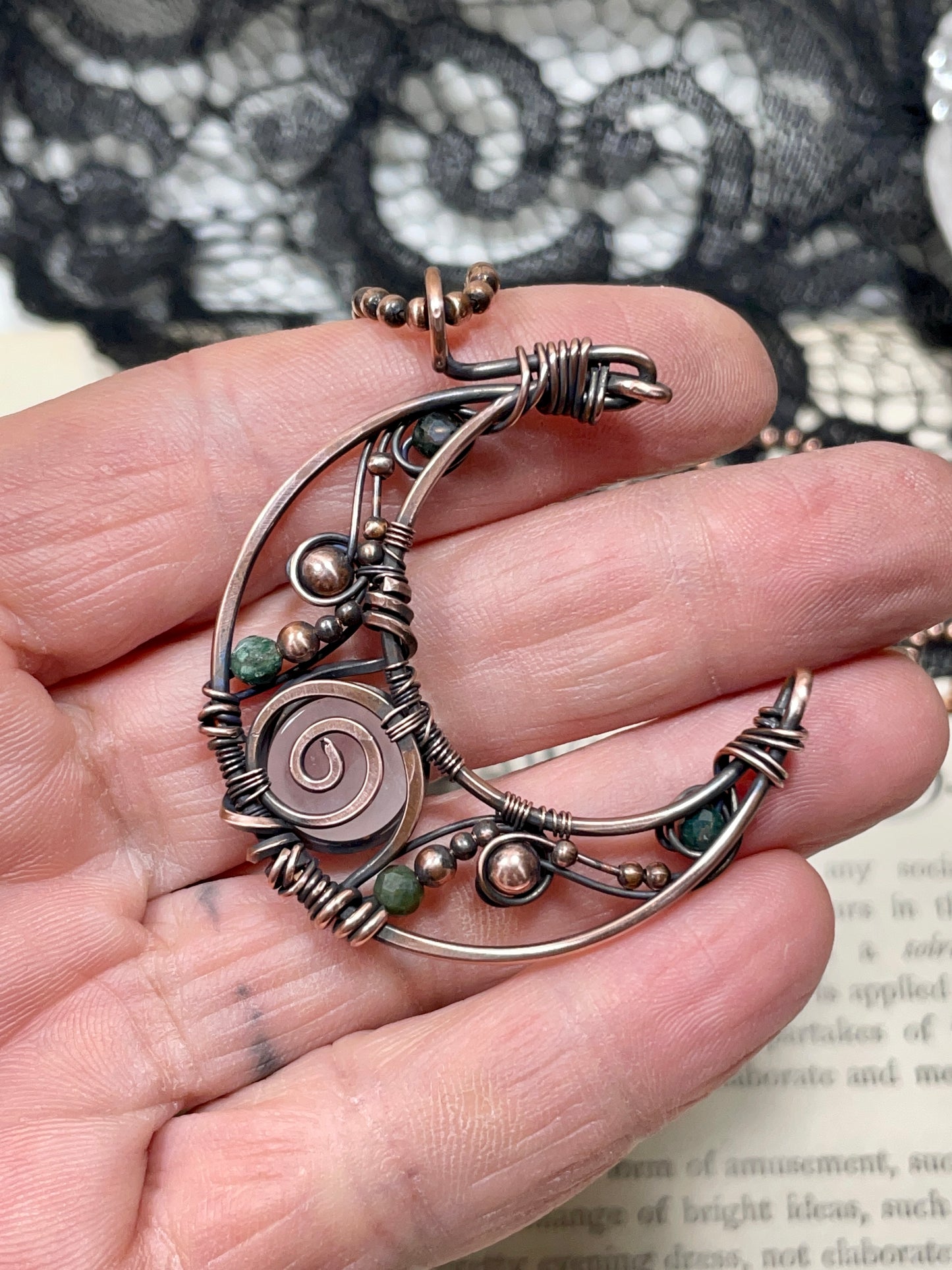 Rose Quartz & Moss Agate Crescent Moon Pendant in Copper