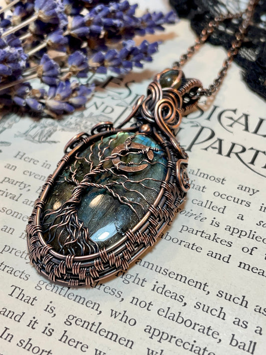 Labradorite Crescent Moon Tree of Life Amulet in Copper