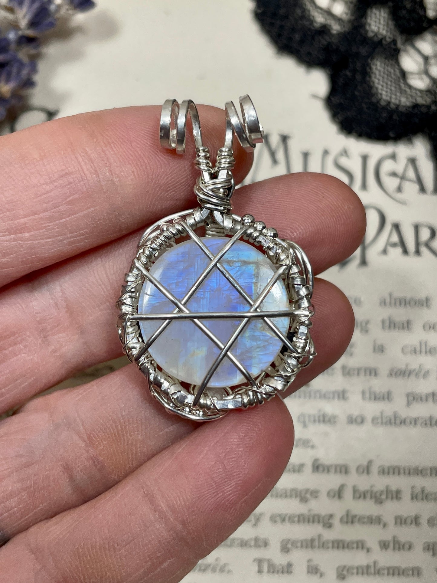 Moonstone (Rainbow Moonstone) Pentacle Pendant in Sterling Silver