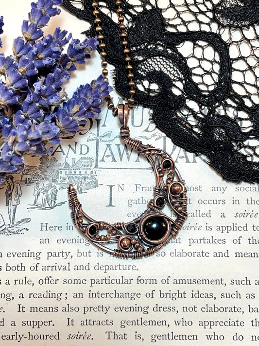 Onyx & Spinel Crescent Moon Pendant in Copper