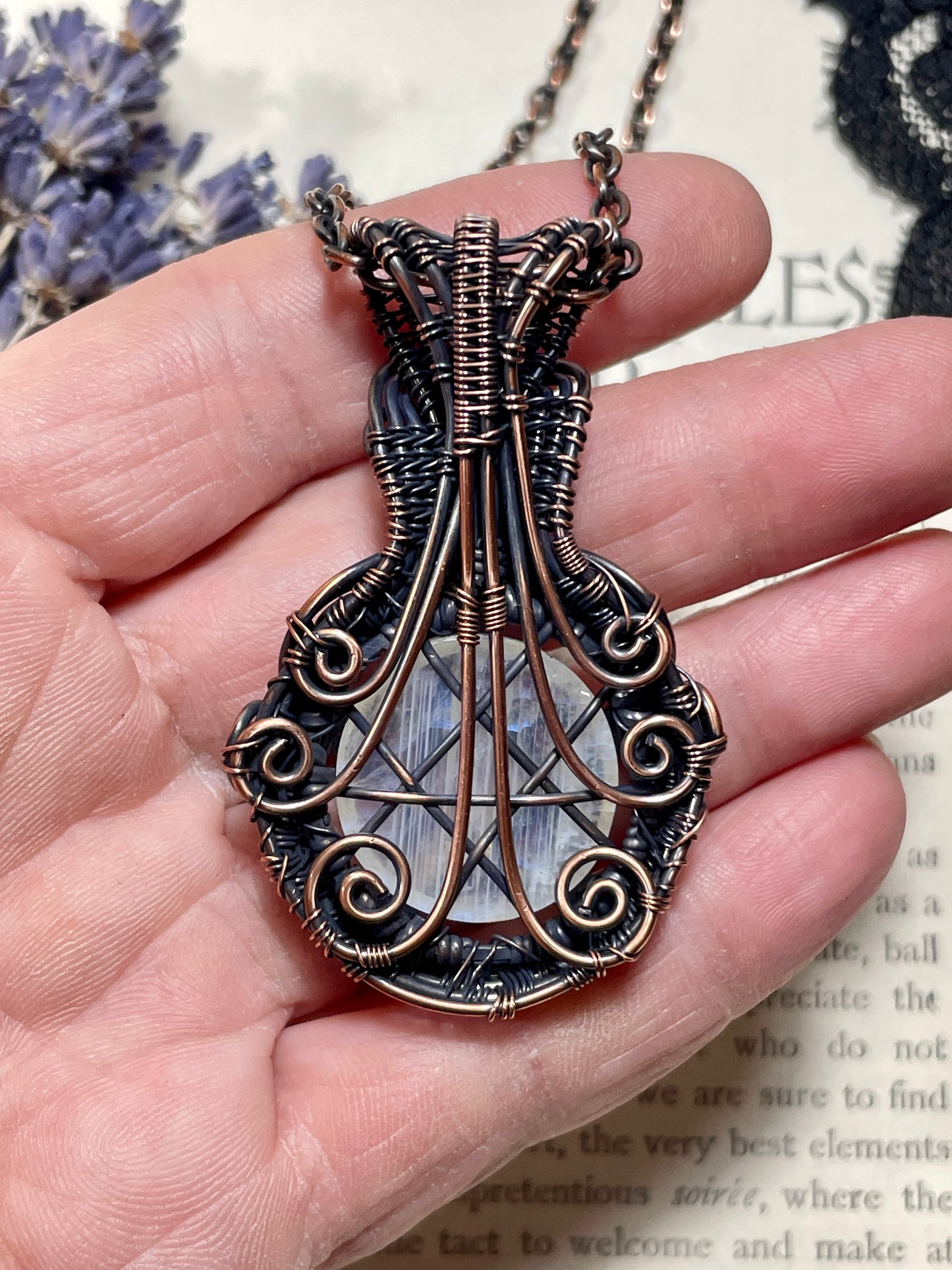 Moonstone (Rainbow Moonstone) Pentacle Pendant in Copper