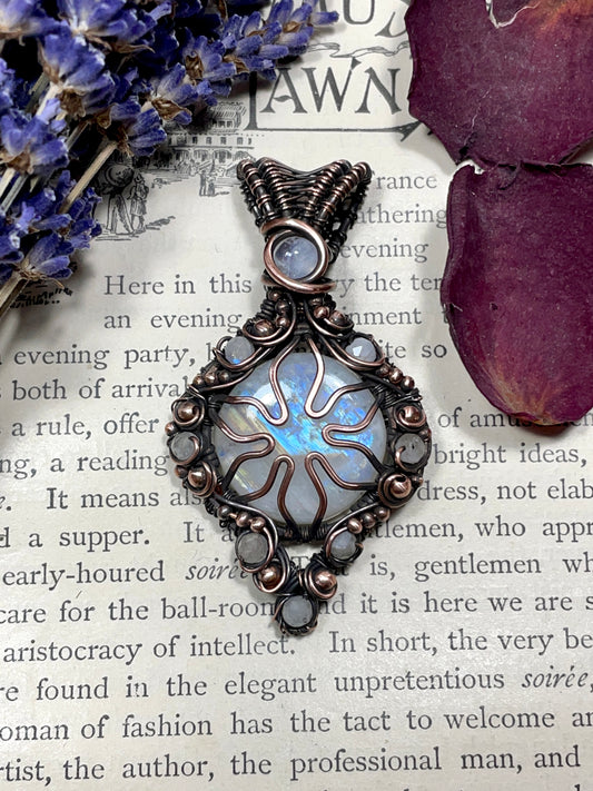 Rainbow Moonstone Flower Pendant in Copper