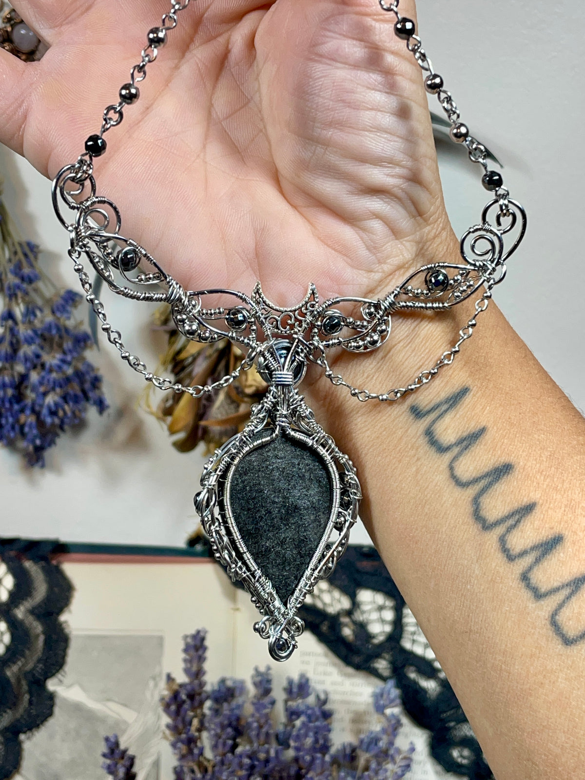 Obsidian (Silver Sheen Obsidian) Tree of Life Collar in Stainless Steel