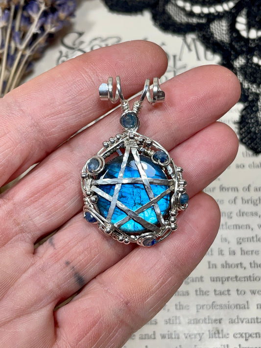 Labradorite and Kyanite Pentacle Pendant in Sterling Silver