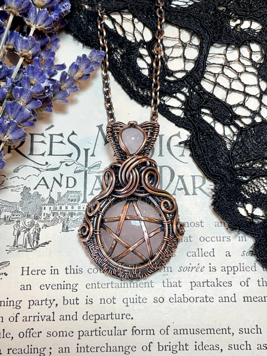 Rose Quartz Pentacle Pendant in Copper