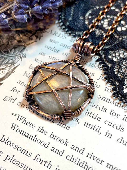 Peristerite Ontario Moonstone Pentacle Pendant in Antiqued Copper