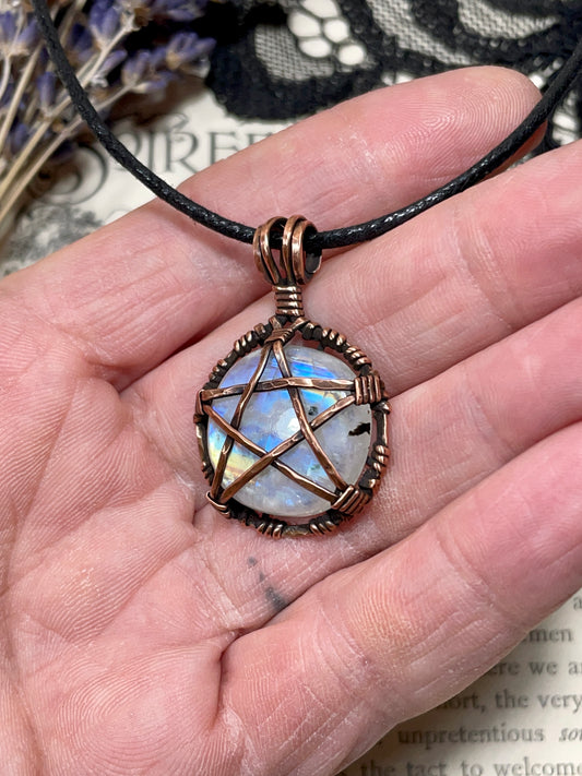 Moonstone (Rainbow Moonstone) Pentacle Pendant in Antiqued Copper