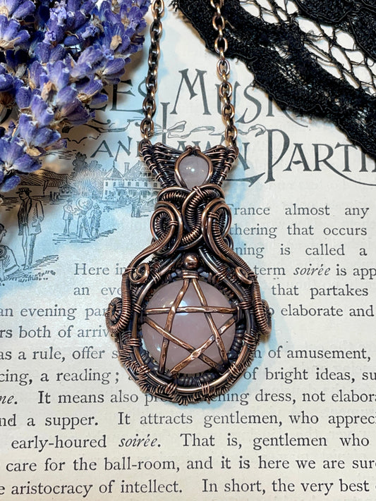 Rose Quartz Pentacle Pendant in Copper