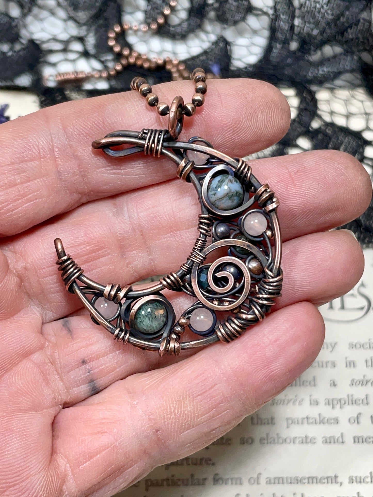 Moss Agate & Rose Quartz Crescent Moon Pendant in Copper