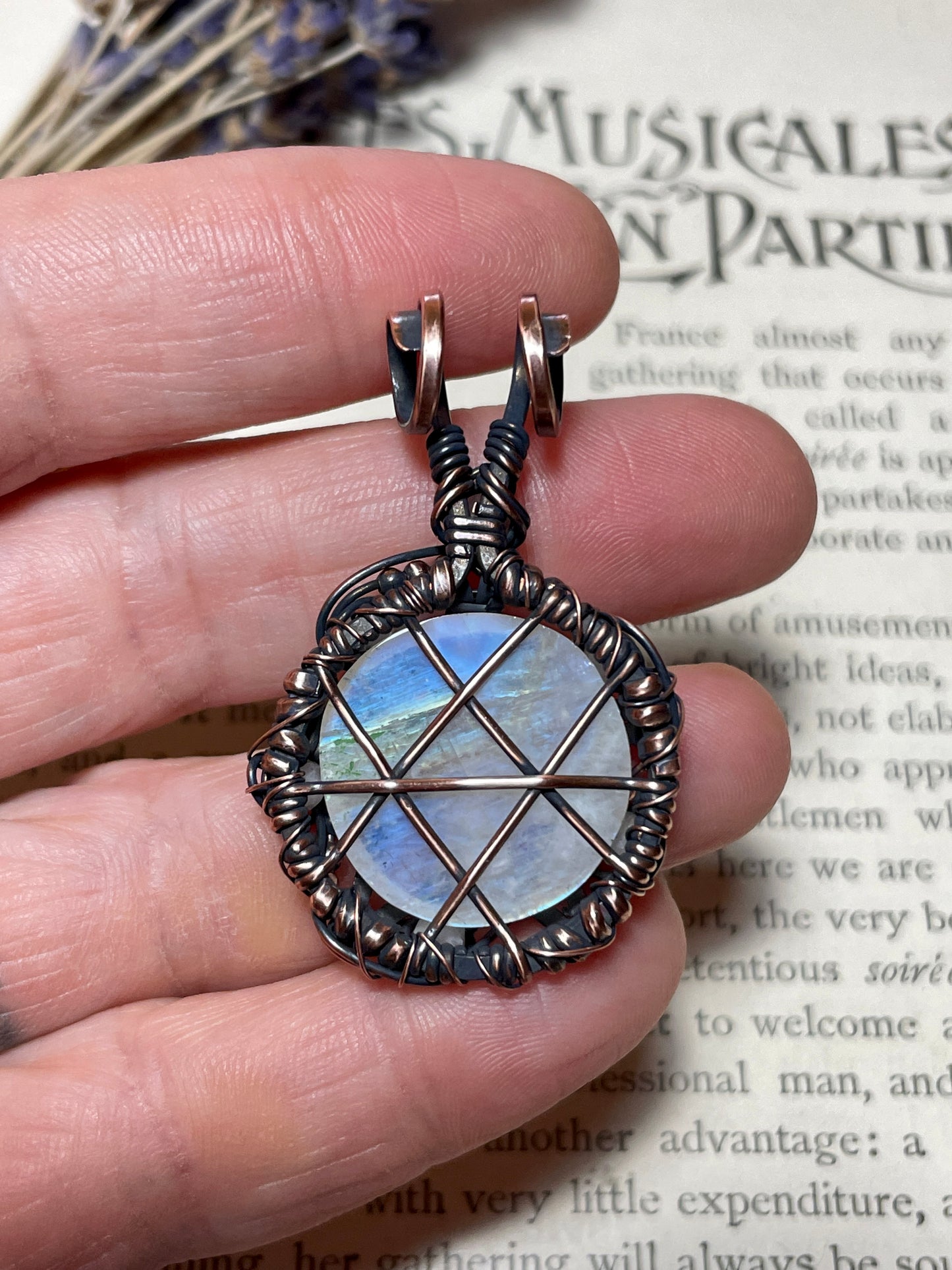 Rainbow Moonstone Pentacle Pendant in Copper
