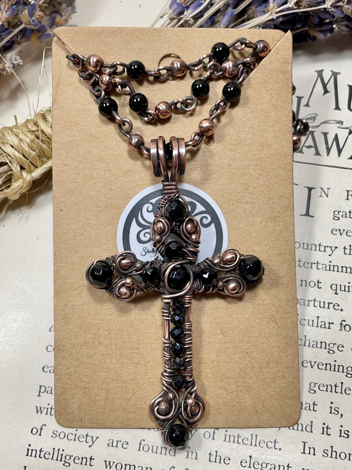 Onyx Gothic Cross Pendant in Antiqued Copper