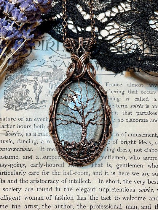 Obsidian (Silver Sheen Obsidian) Tree of Life Crescent Moon Amulet in Copper