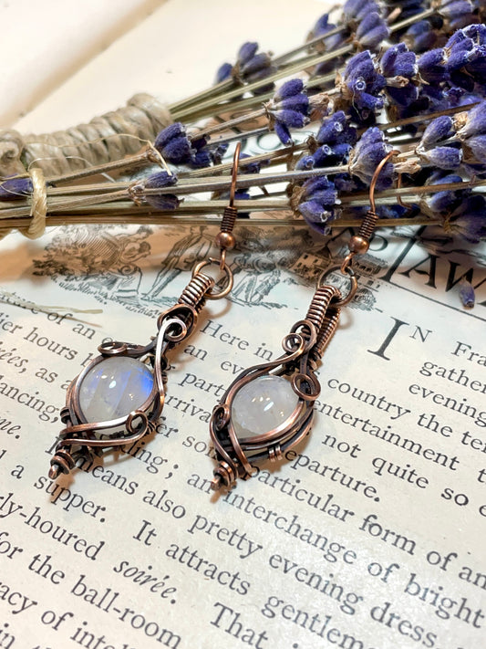 Moonstone (Rainbow Moonstone) Earrings in Copper