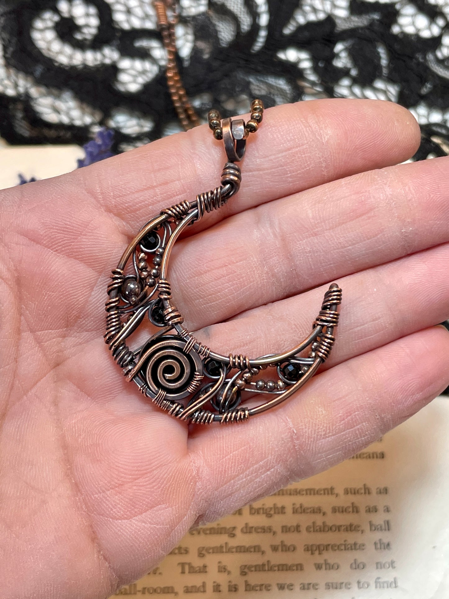 Onyx & Spinel Crescent Moon Pendant in Copper
