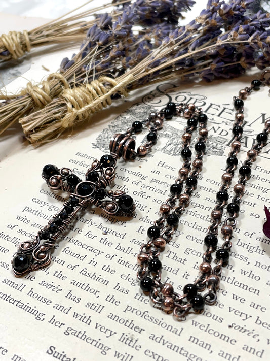 Onyx Gothic Cross Pendant in Antiqued Copper